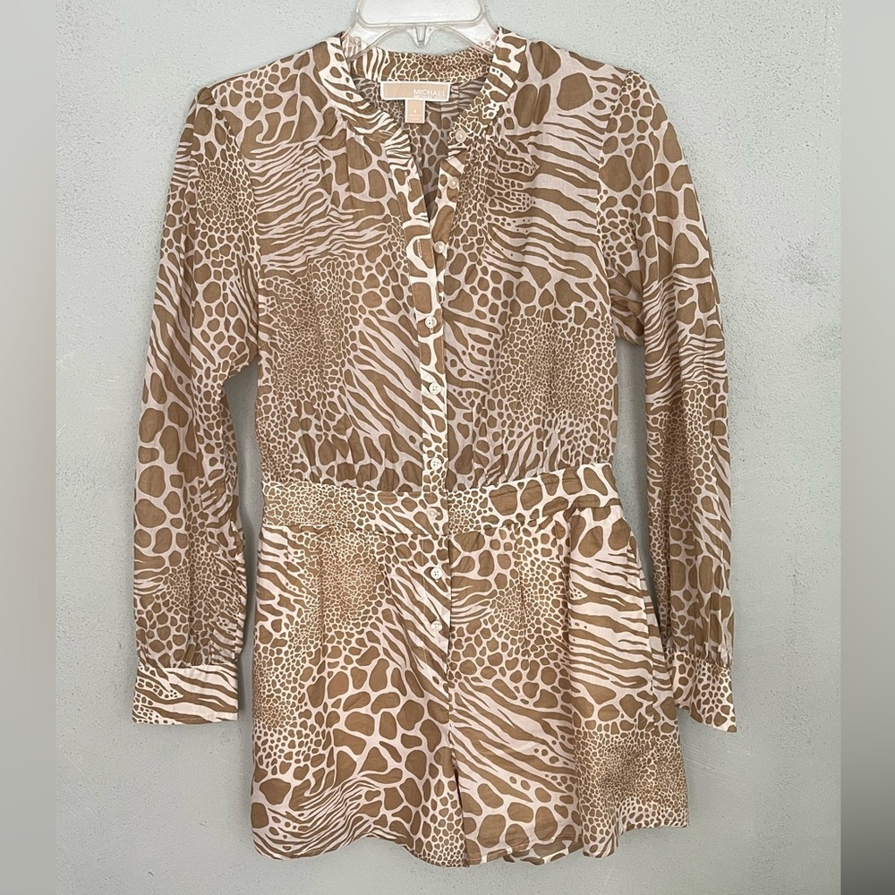 MICHAEL Michael Kors Womens 4 Cotton Sheer Animal Print Romper Long Sleeve - Picture 3 of 16